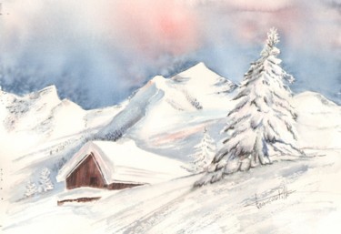 Peinture intitulée "chalet dans la neige" par Françoise Pillou, Œuvre d'art originale, Aquarelle