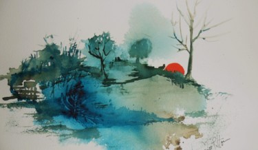 Peinture intitulée "soleil couchant" par Françoise Pillou, Œuvre d'art originale, Aquarelle