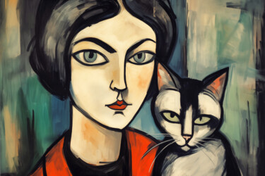 Arts numériques intitulée "Frau mit Katze" par Frank Daske, Œuvre d'art originale, Peinture numérique