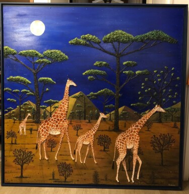 Ζωγραφική με τίτλο "Girafes au clair de…" από Frank Guillard, Αυθεντικά έργα τέχνης, Λάδι