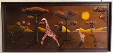 Pintura intitulada "Girafes et lune rou…" por Frank Guillard, Obras de arte originais, Óleo