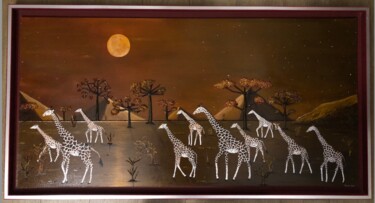 Pintura intitulada "Girafes et lune rou…" por Frank Guillard, Obras de arte originais, Óleo