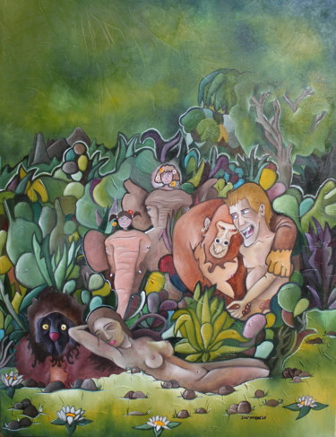 Pintura titulada "Jungle en famille" por Fred Besnardiere, Obra de arte original, Oleo