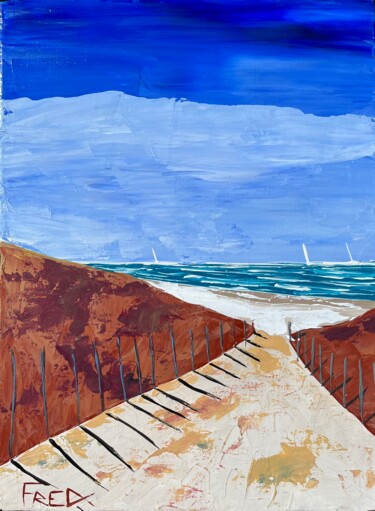 Painting titled "La plage #4" by Frédéric Cadiou, Original Artwork, Acrylic Mounted on Wood Stretcher frame