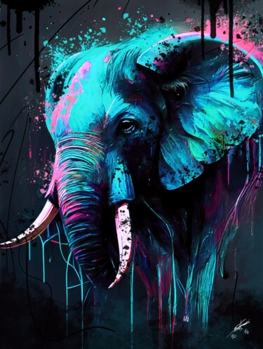 「elephant v1」というタイトルのデジタルアーツ Frédéric Font (Chroma)によって, オリジナルのアートワーク, デジタル絵画 ウッドストレッチャーフレームにマウント