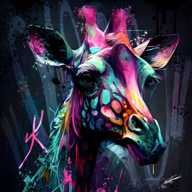 Digital Arts titled "Girafe V1" by Frédéric Font (Chroma), Original Artwork, Digital Painting Mounted on Wood Stretcher frame