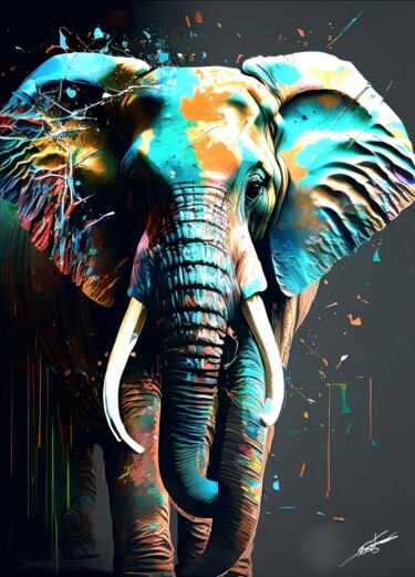 Digital Arts titled "L’Éléphant Solitaire" by Frédéric Font (Chroma), Original Artwork, Digital Painting Mounted on Wood Str…