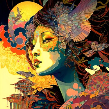 Digital Arts titled "La femme japonaise…" by Frédéric Font (Chroma), Original Artwork, Digital Painting Mounted on Wood Stre…