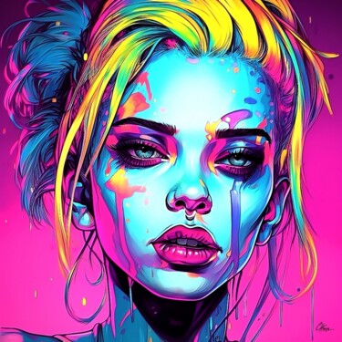 Digital Arts titled "fluorescent tears" by Frédéric Font (Chroma), Original Artwork, Digital Painting Mounted on Wood Stretc…