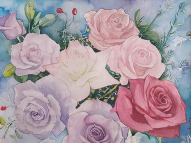 Schilderij getiteld "Bouquet de roses." door Frédéric Fournier, Origineel Kunstwerk, Aquarel