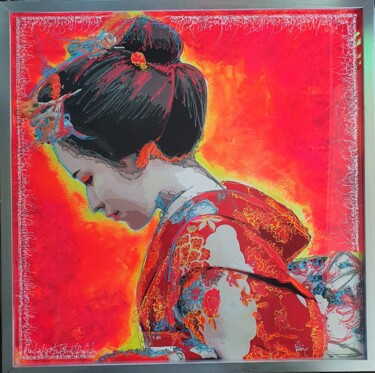 Schilderij getiteld "Geisha 3" door Frédéric Haire, Origineel Kunstwerk, Acryl Gemonteerd op Frame voor houten brancard