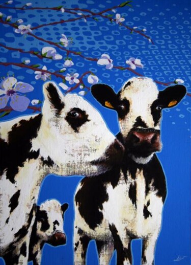 Peinture intitulée "vache sous pommier" par Frédéric Leleu, Œuvre d'art originale, Huile