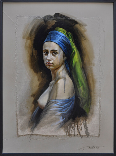 Painting titled "La jeune fille au t…" by Frédéric Martin, Original Artwork, Oil Mounted on Wood Stretcher frame