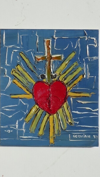 Peinture intitulée "coeur de jesus" par Frederic Servian, Œuvre d'art originale, Huile