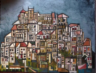 Painting titled ""my town somewhere"" by Frédérique Manley, Original Artwork, Oil