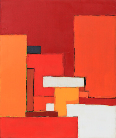 Painting titled "Abstraction rouge 05" by Frédérique Marteau, Original Artwork, Oil Mounted on Wood Stretcher frame