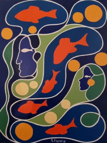 Painting titled "Poissons rouge" by Freneix Roger, Original Artwork, Acrylic Mounted on Wood Stretcher frame