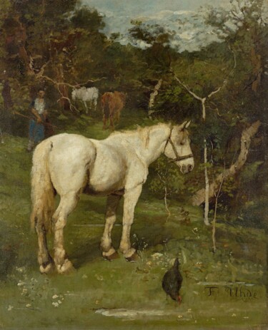 绘画 标题为“Un cheval blanc” 由Fritz Von Uhde, 原创艺术品, 油