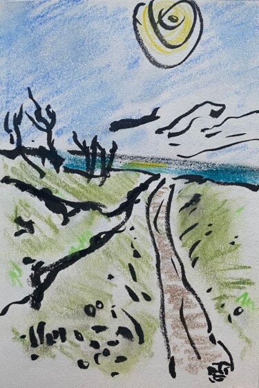 Drawing titled "chemin vers la plage" by Frob, Original Artwork, Watercolor