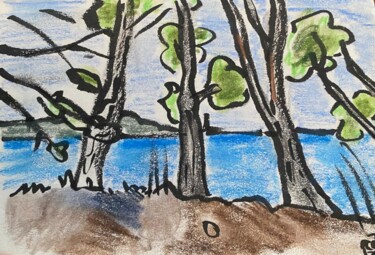 Drawing titled "arbres sur bord de…" by Frob, Original Artwork, Pencil