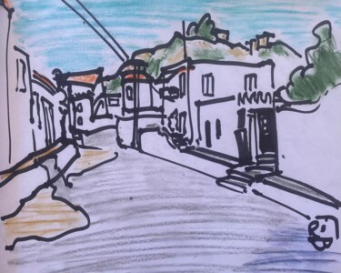 Drawing titled "rue pavée à Hydra" by Frob, Original Artwork, Watercolor