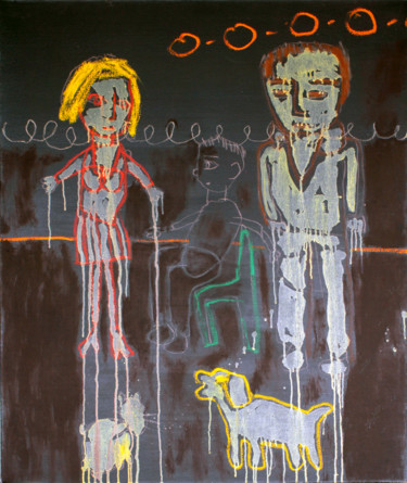 Painting titled "Dog, cat, child and…" by Gabo Mendoza, Original Artwork, Oil