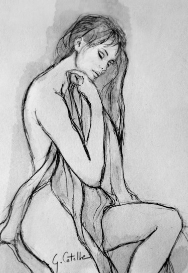 Drawing titled "La penseuse" by Gabriel Cotelle, Original Artwork, Pencil