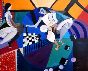 Painting titled "chess" by Jean-Louis Gaillard, Original Artwork, Oil Mounted on Wood Stretcher frame