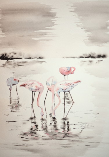 Peinture intitulée "flamants roses en C…" par Jean-Louis Gaillard, Œuvre d'art originale, Aquarelle