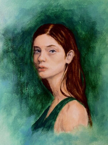Painting titled "Green portrait" by Galah Viviana, Original Artwork, Oil Mounted on Wood Stretcher frame