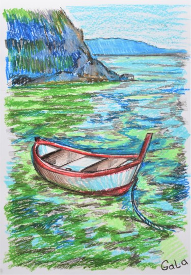 Tekening getiteld "boat on green waves" door Galina Zulkarniaeva, Origineel Kunstwerk, Pastel Gemonteerd op Plexiglas