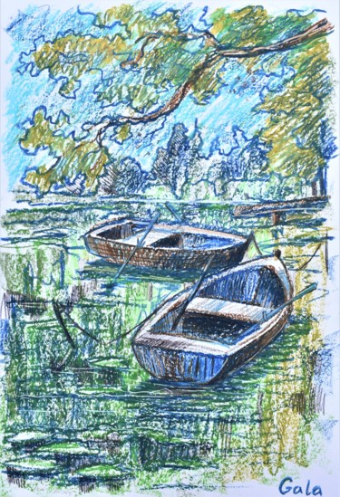 Dessin intitulée "boats on the pond" par Galina Zulkarniaeva, Œuvre d'art originale, Pastel