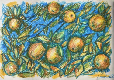 「Golden Apples」というタイトルの描画 Galina Zulkarniaevaによって, オリジナルのアートワーク, パステル ウッドパネルにマウント