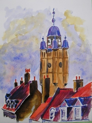 Painting titled "beffroi de Bergues" by Jador, Original Artwork, Watercolor