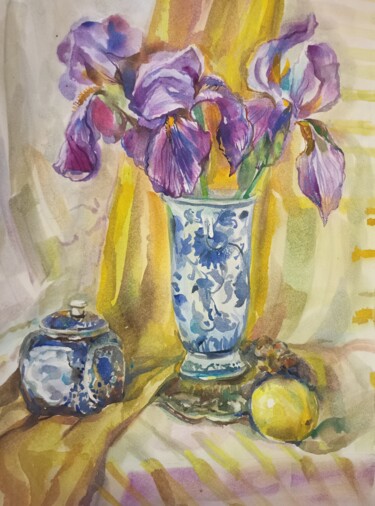 Pintura intitulada "Still life.Irises i…" por Galina Hannemann, Obras de arte originais, Aquarela