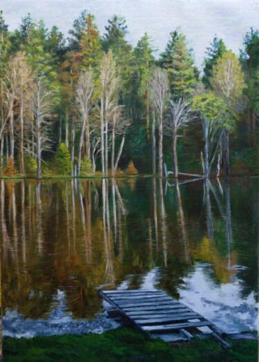Malerei mit dem Titel "Тихий вечер у озера" von Galina Kukhtenkova, Original-Kunstwerk, Öl