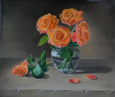 Peinture intitulée "Натюрморт с розами" par Galina Kukhtenkova, Œuvre d'art originale, Huile