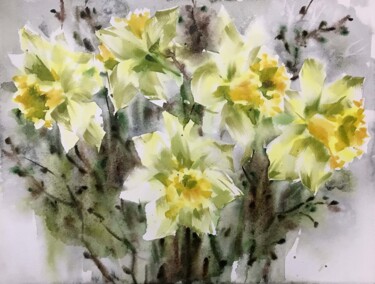 Painting titled "Spring yellow flowe…" by Galina Poloz, Original Artwork, Watercolor