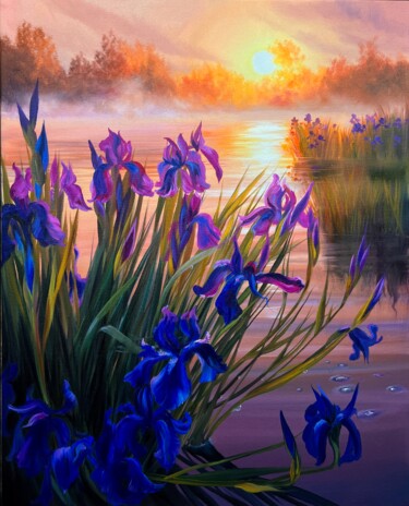 Painting titled "Irises in the fog" by Olga Bazanova, Original Artwork, Oil Mounted on Wood Stretcher frame