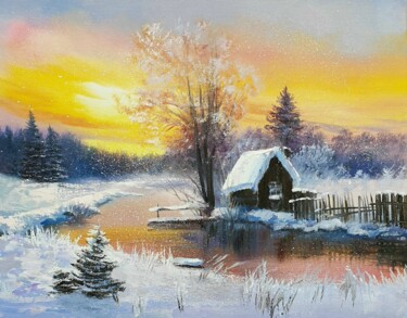 Malerei mit dem Titel "Winter on the river" von Olga Bazanova, Original-Kunstwerk, Öl
