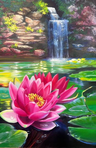 Schilderij getiteld "Pink Lotus" door Olga Bazanova, Origineel Kunstwerk, Olie