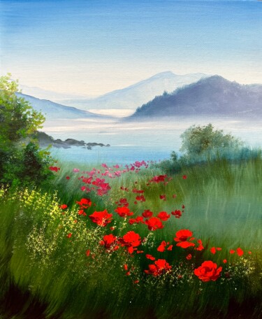 Painting titled "Poppies by the lake" by Olga Bazanova, Original Artwork, Oil