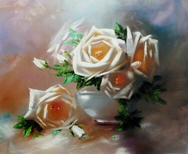 Pintura intitulada "White roses in a va…" por Olga Bazanova, Obras de arte originais, Óleo