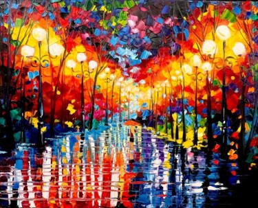 Pintura titulada "Street with lanterns" por Olga Bazanova, Obra de arte original, Oleo