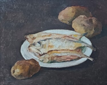 Peinture intitulée "Fish and potatoes" par Gaomin Song, Œuvre d'art originale, Huile