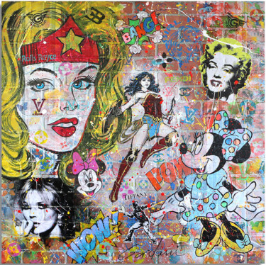 Schilderij getiteld "Wonder Woman Rolls…" door Gardani, Origineel Kunstwerk, Acryl Gemonteerd op Andere stijve panelen