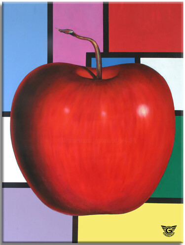 Painting titled "Modrian Apple" by Gardani, Original Artwork, Oil Mounted on Wood Stretcher frame