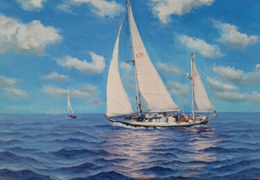 Painting titled "Seascape with Sailb…" by Garry Arzumanyan, Original Artwork, Oil