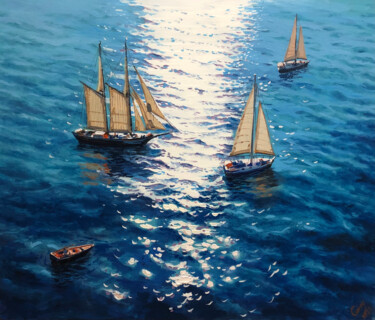 Painting titled "Seascape with sailb…" by Garry Arzumanyan, Original Artwork, Oil Mounted on Wood Stretcher frame