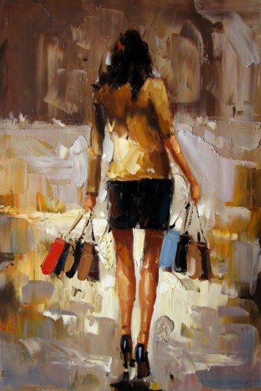 Painting titled "Shopping girl 203" by Garvin Ree, Original Artwork, Oil Mounted on Wood Stretcher frame